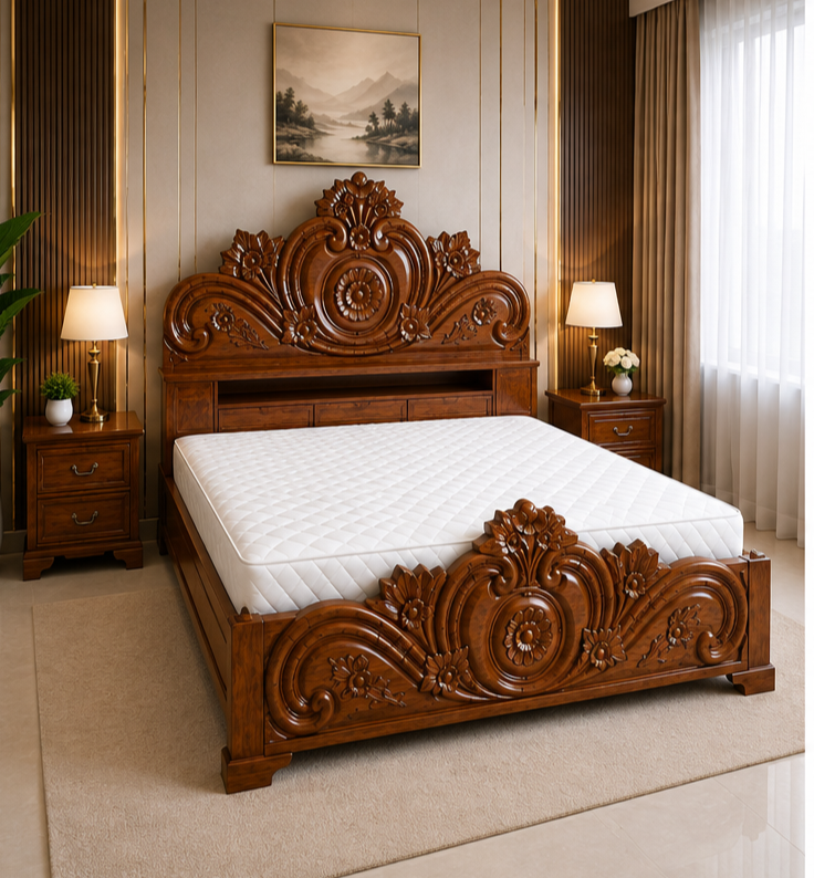 Solid Teak Wood Designer King Counter Box Bed