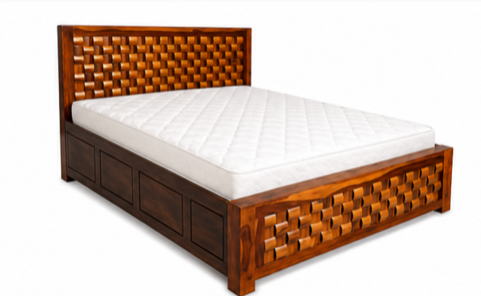 Solid Teak Wood King Box Bed with Storage – Premium Melamine Glossy Finish